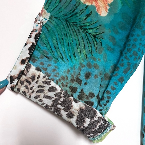 Soft Surroundings Tropical Tunic Top Hibiscus Leopard Print Teal Roll Tab Medium - Picture 7 of 13